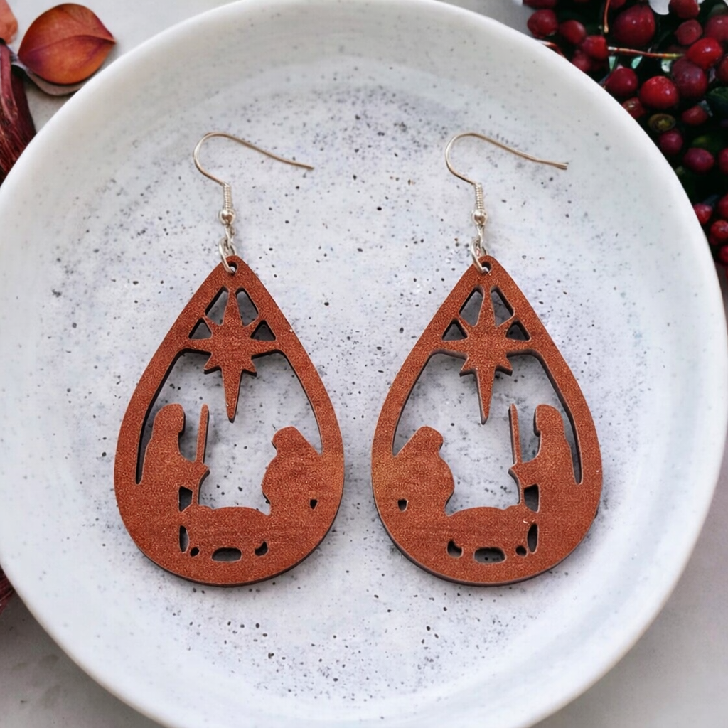 Beautiful Wooden Nativity Scene Earrings