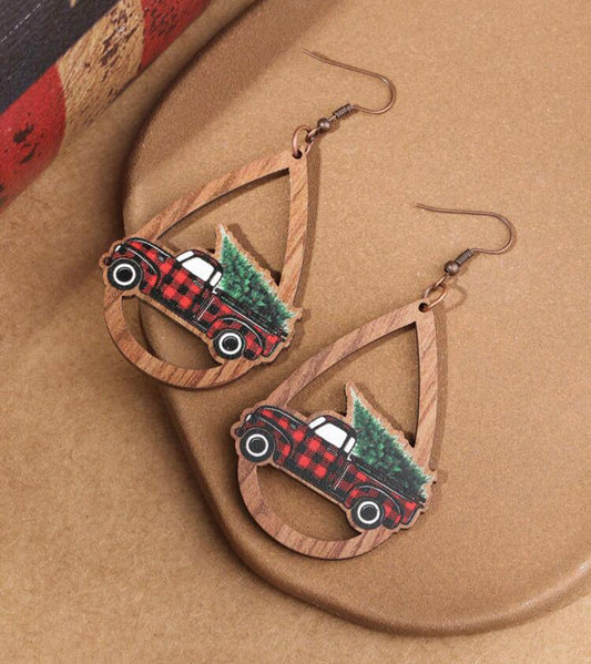 Vintage Truck and Christmas Tree Wooden Drop Earrings