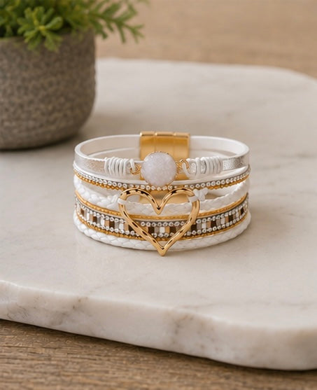 White & Gold Heart Layered Magnetic Bracelet