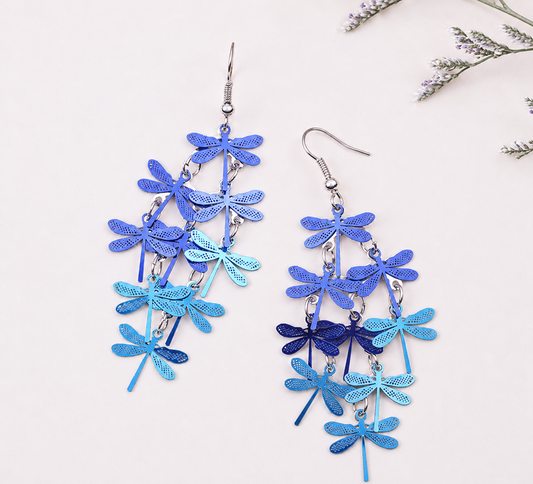 Gorgeous Blue Dragonfly Tassel Earrings