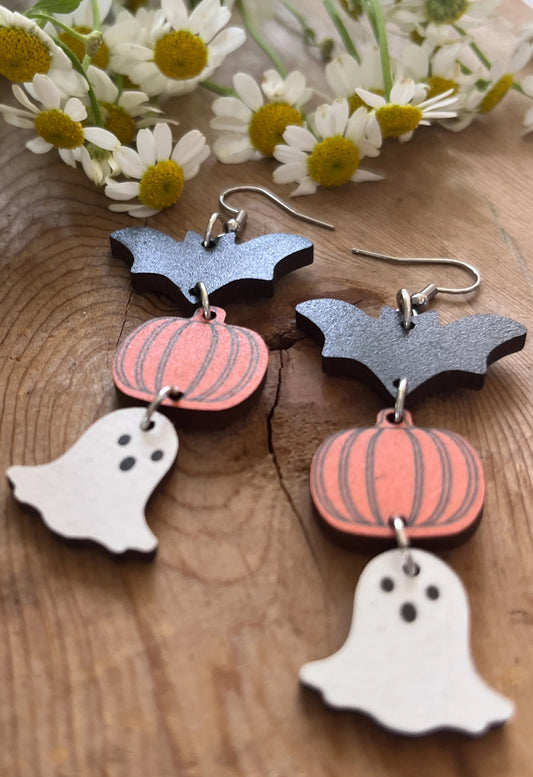 Wooden Halloween Drop Earrings
