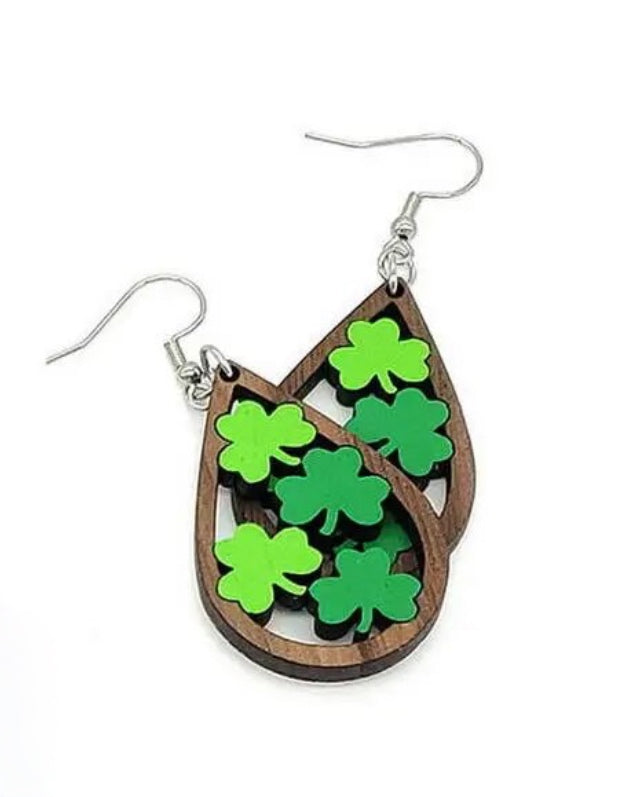 Wooden Shamrock Teardrop Earrings