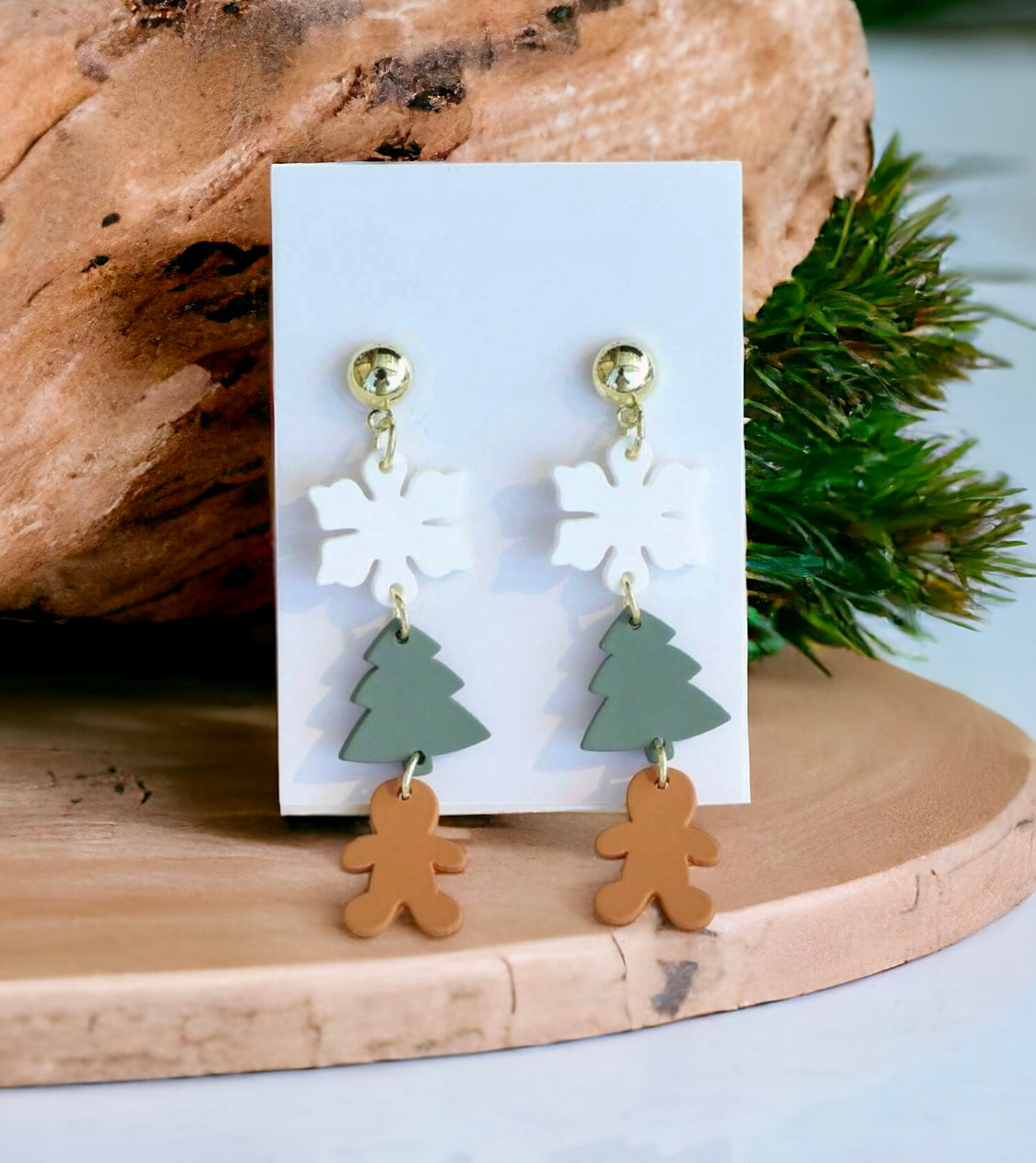 Acrylic Snowflake, Christmas Tree, and Gingerbread Man Holiday Stud Drop Earrings