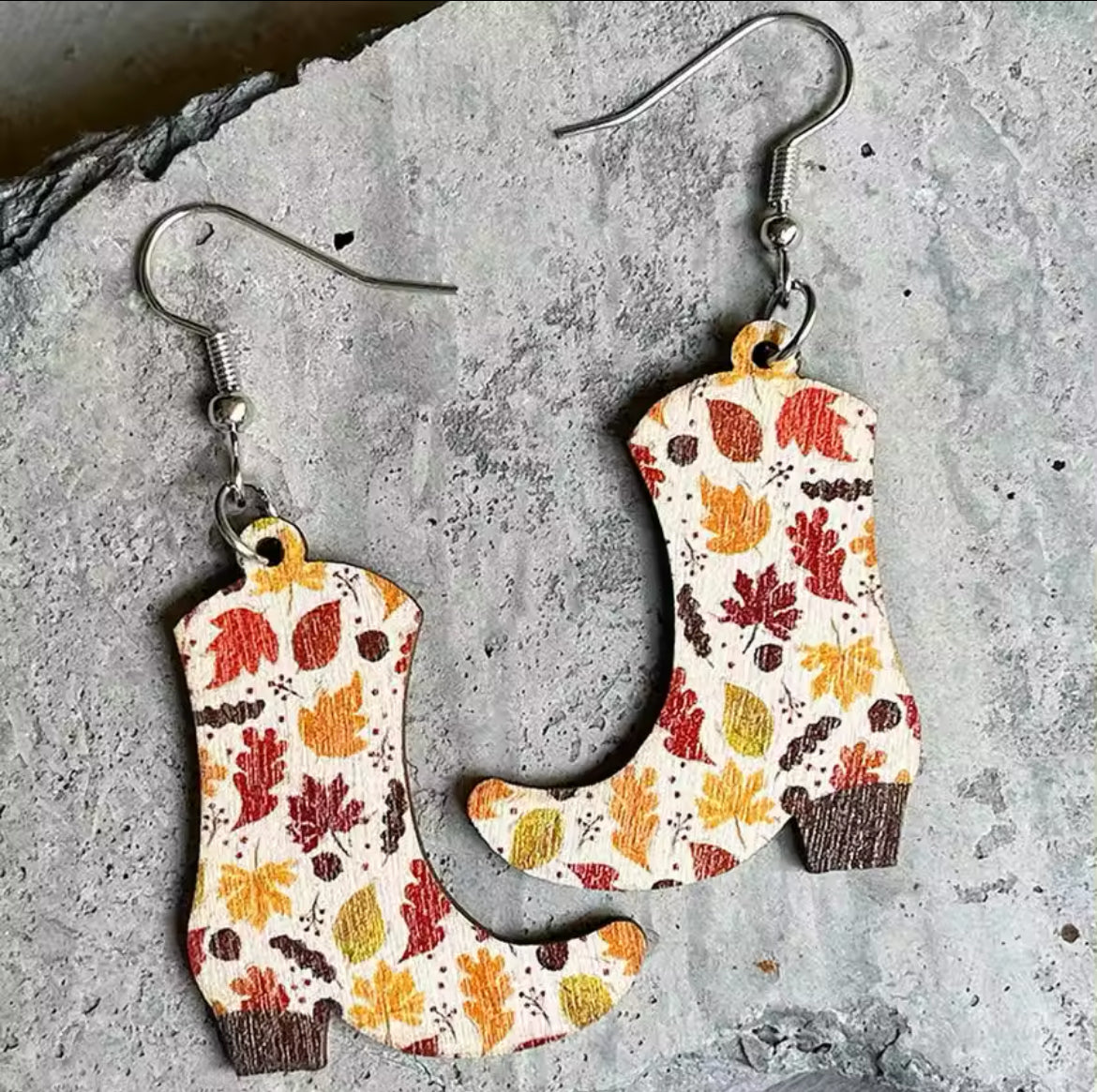 Wooden Cowboy Boot Earrings with Fall Leaves