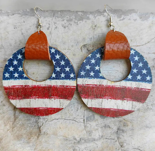 Leather Wrapped Round Wooden American Flag Earrings