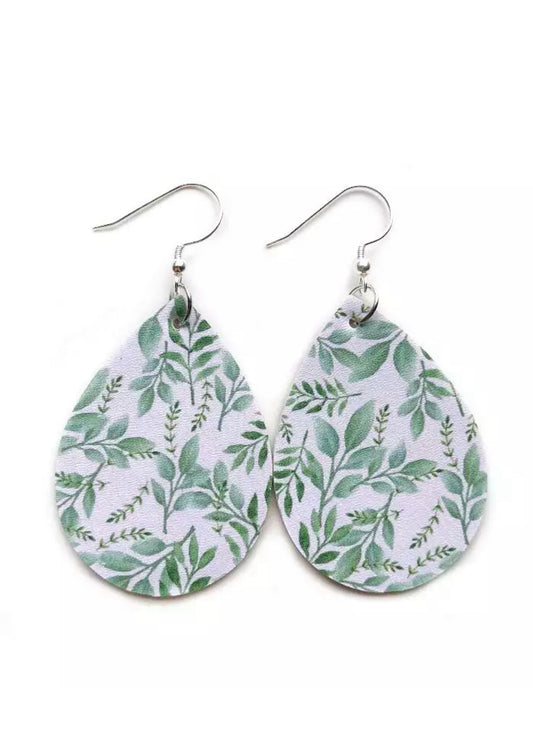 Green Leaf Leather Teardrop Earrings