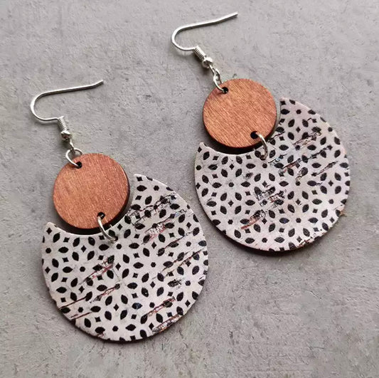 Round Black and White Wood and Cork Earrings