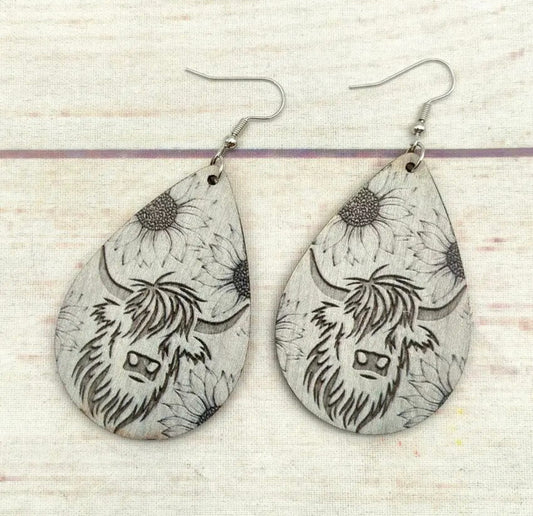 Highland Bloom Wooden Cow Earrings