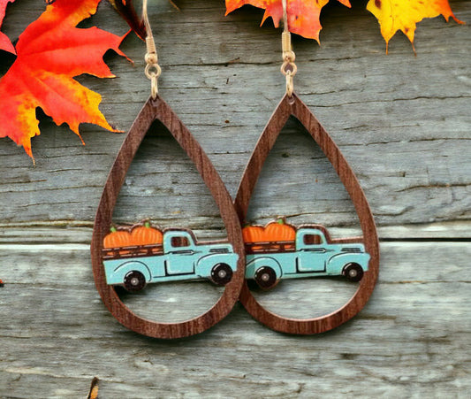 Wooden Vintage Pumpkin Truck Earrings