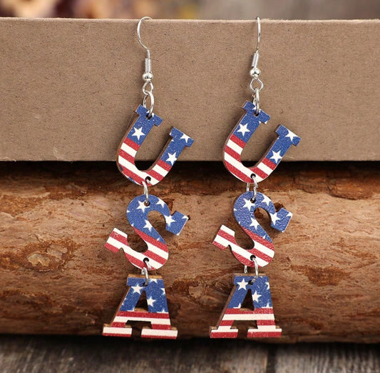 Wooden Red, White, and Blue U.S.A. Earrings
