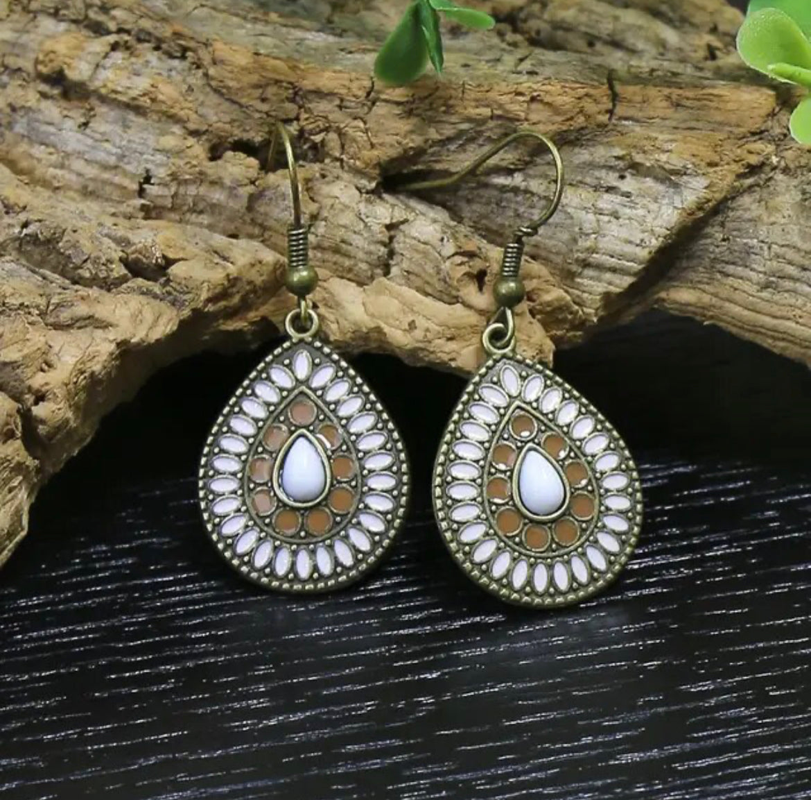 Boho White and Tan Teardrop Earrings