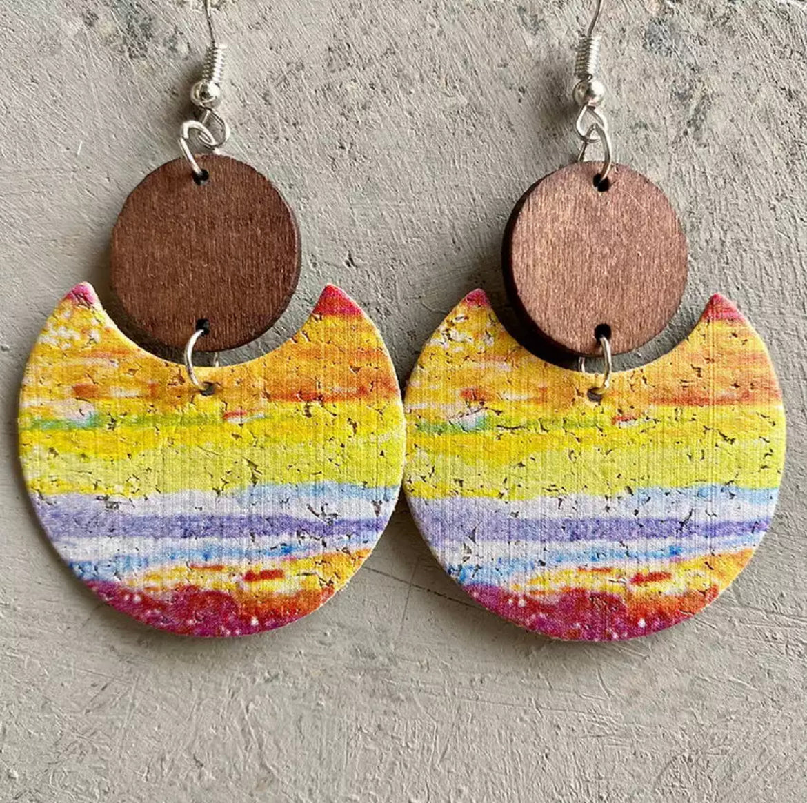 Cork Moon and Wood Disc Earrings