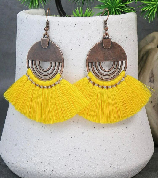 Round Copper Earrings with Yellow Tassels