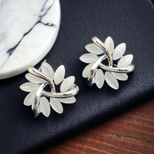 Beautiful White and Silver Flower Stud Earrings