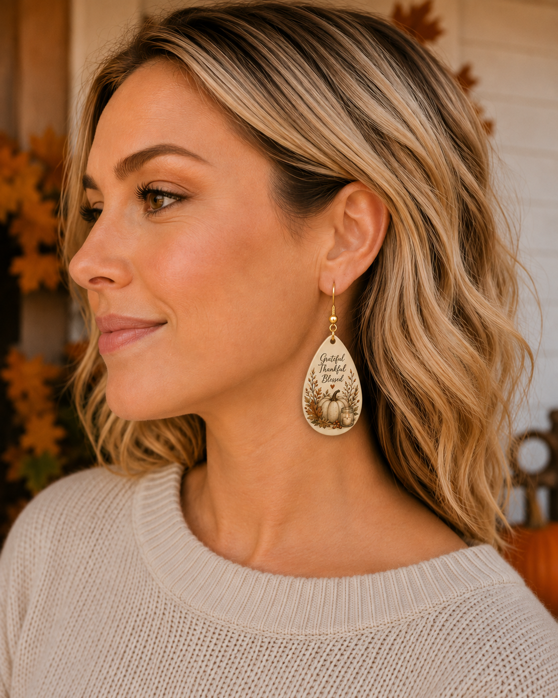 Grateful Thankful Blessed Wooden Teardrop Earrings