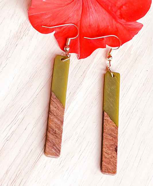 Wood and Green Resin Bar Earrings