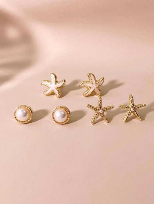 Set of 3 Starfish and Pearl Stud Earrings