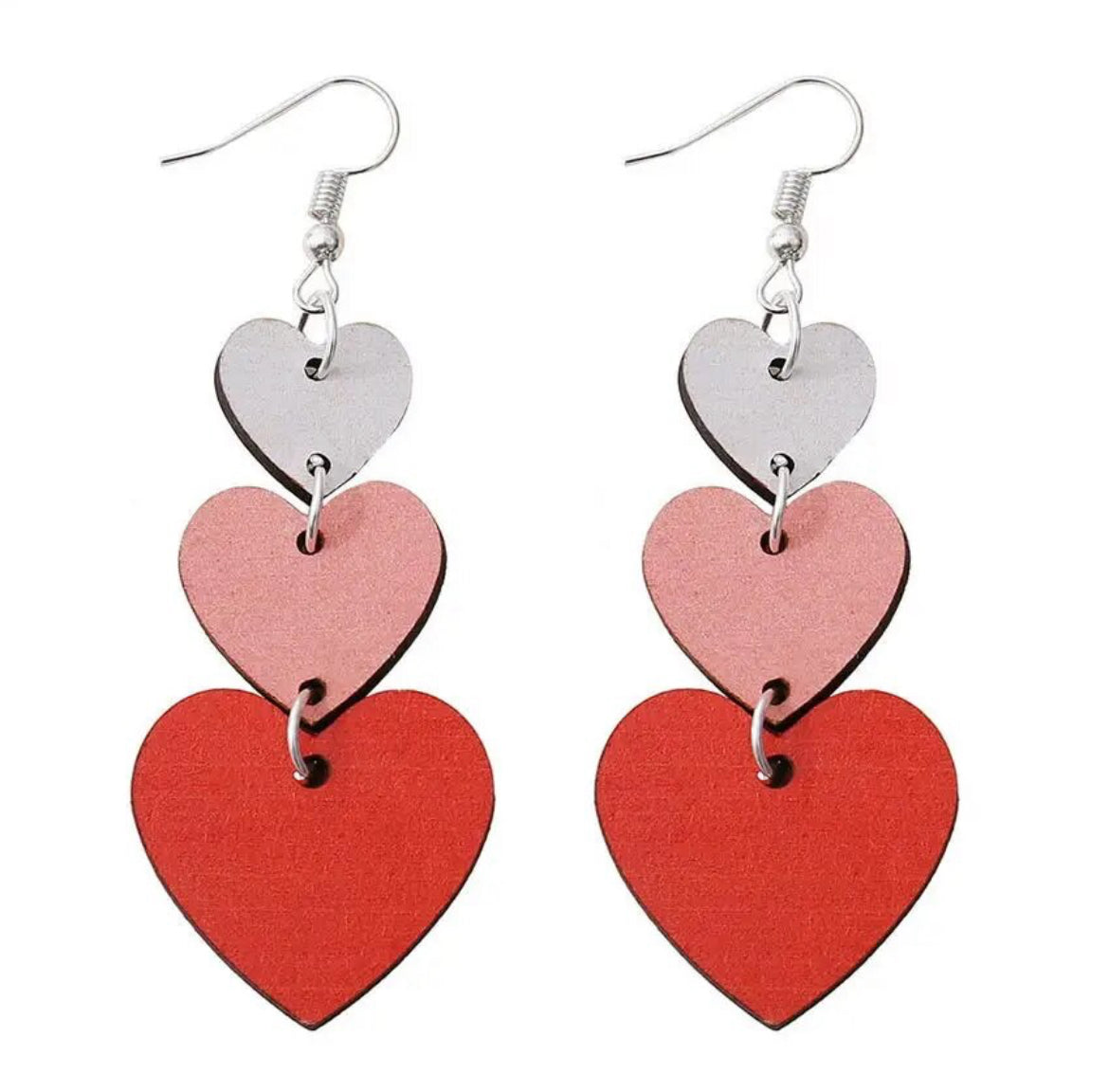 Red, White, and Pink Wooden Heart Drop Earrings