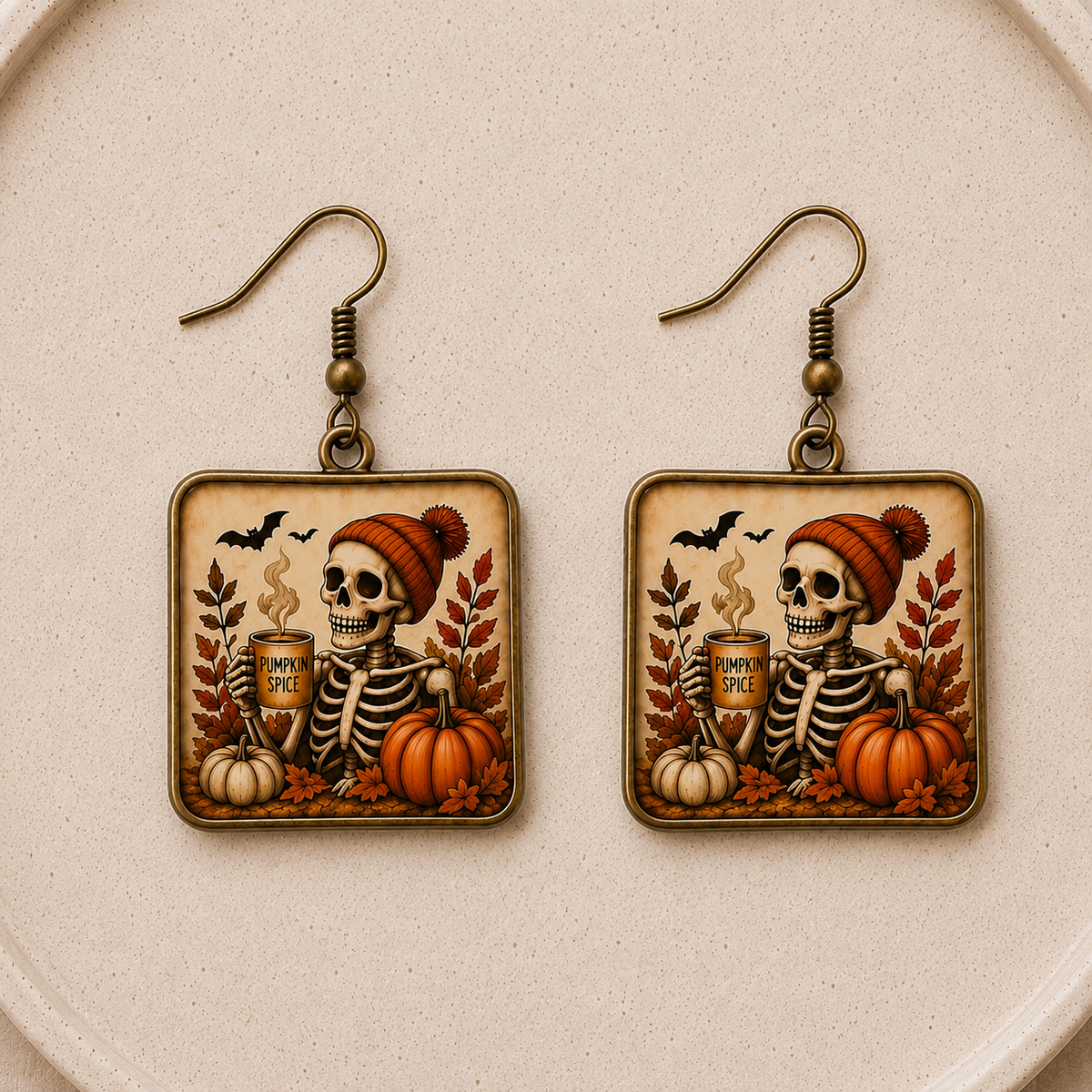 Pumpkin Spice Skeleton Square Earrings