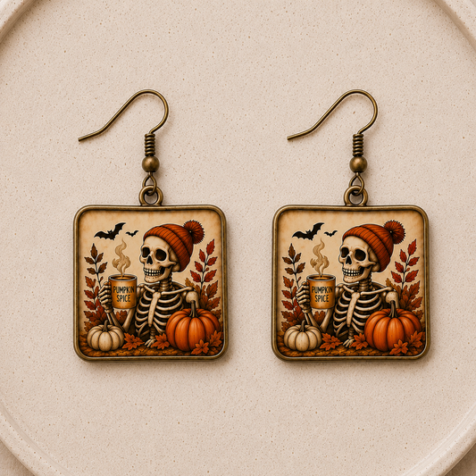 Pumpkin Spice Skeleton Square Earrings