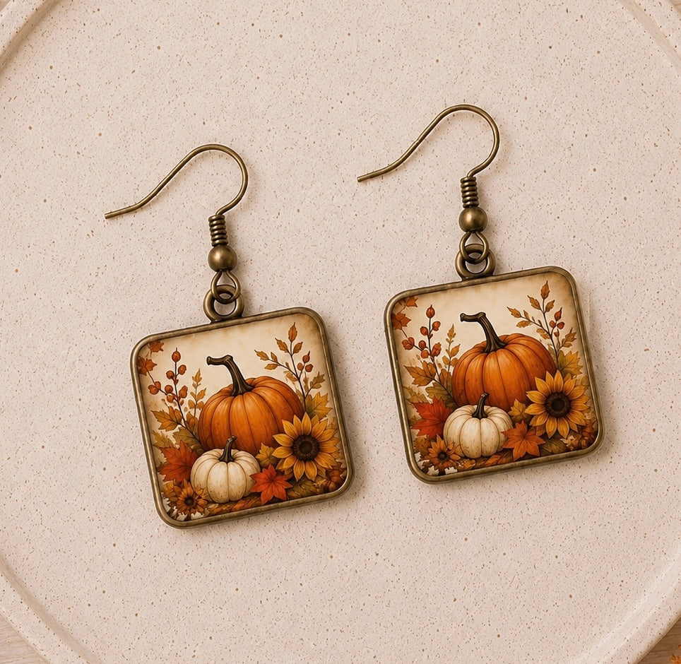 Vintage Autumn Pumpkin Square Earrings