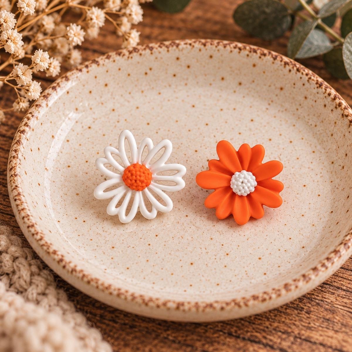 Mismatched Orange & White Daisy Stud Earrings