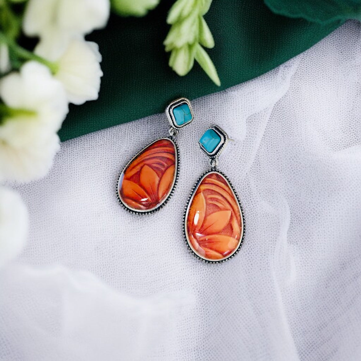 Turquoise Floral Water Drop Earrings