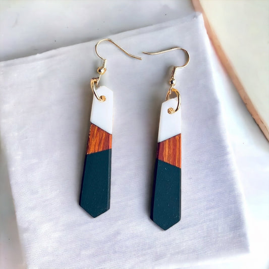 Beautiful Black and White Wood and Resin Earrings