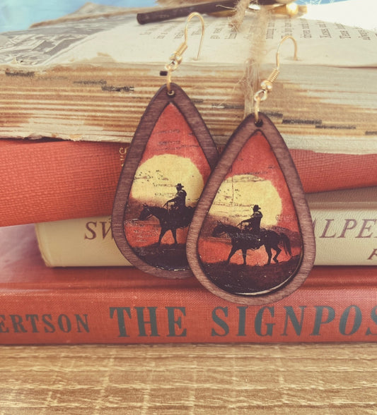 Drop-shaped Wooden Western Cowboy Earrings
