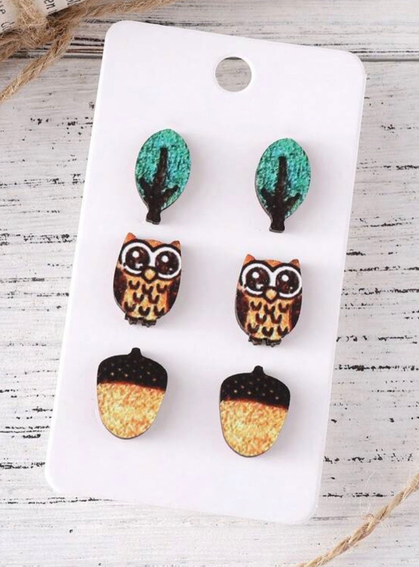 Set of 3 Autumn Themed Wooden Studs