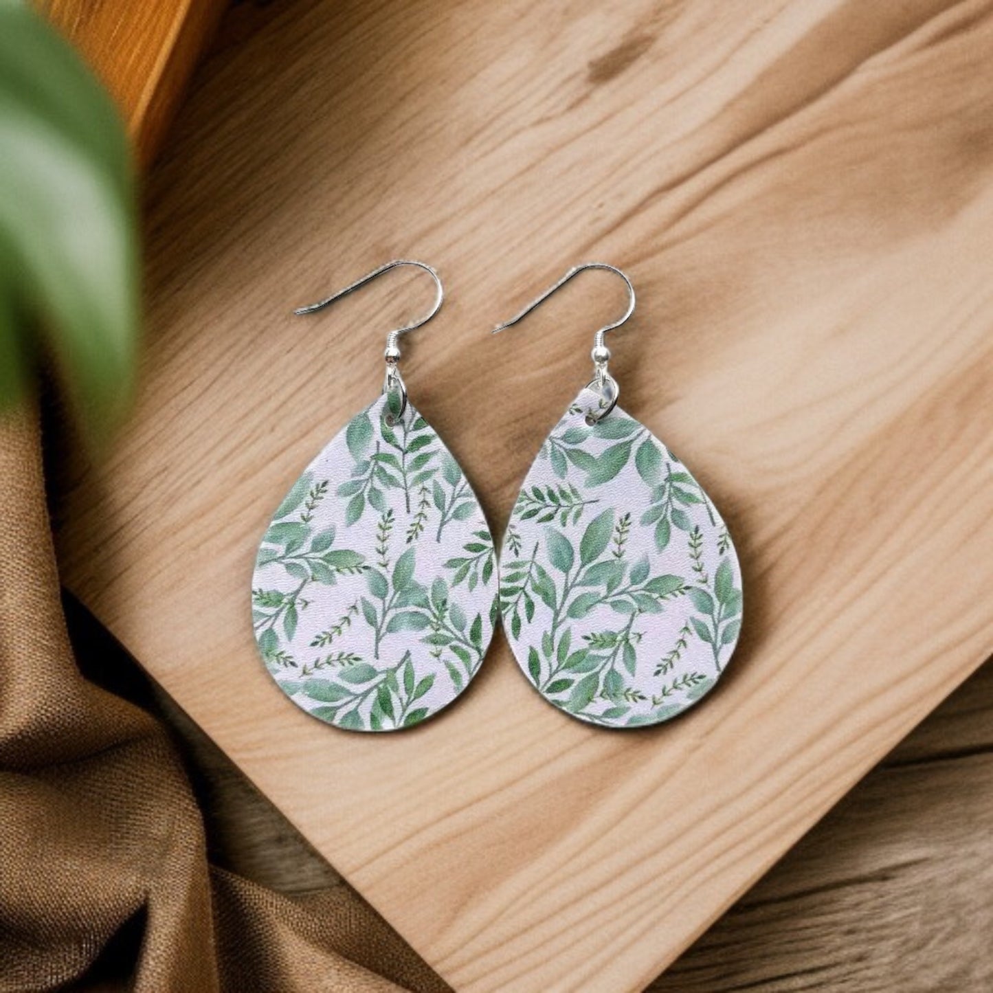 Green Leaf Leather Teardrop Earrings