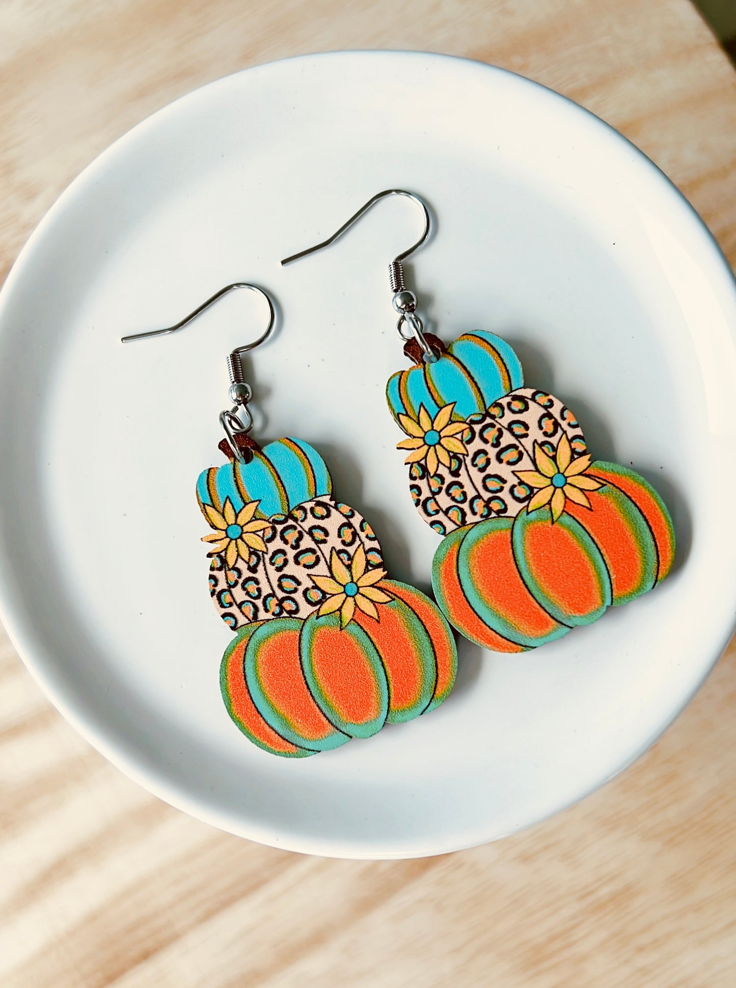 Multicolored Wooden Stacked Pumpkin Earrings