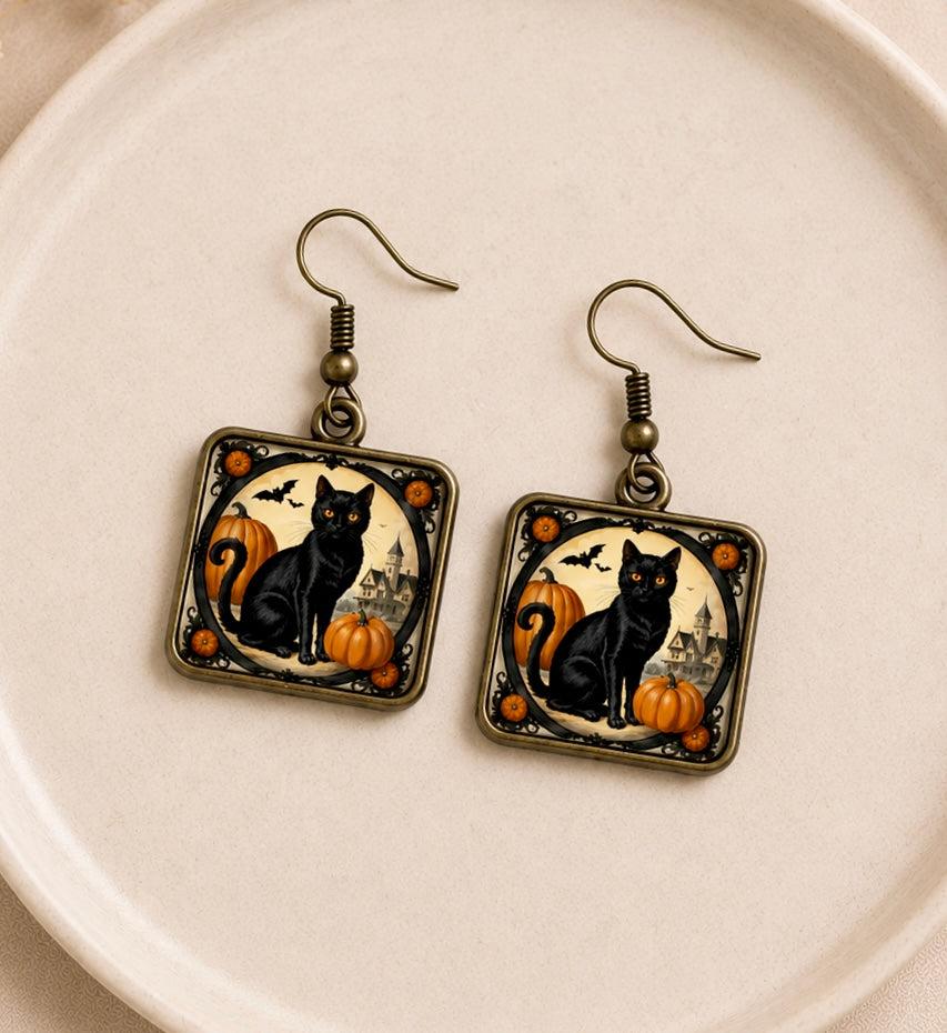 Vintage Black Cat Halloween Earrings