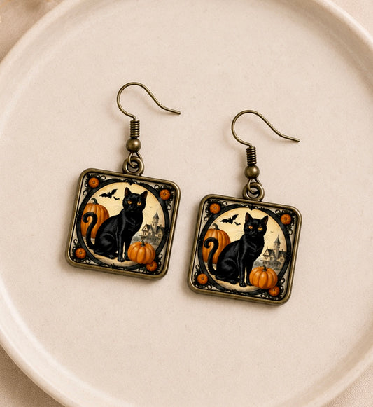 Vintage Black Cat Halloween Earrings
