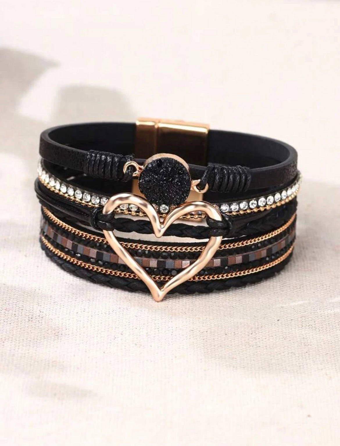 Black Heart and Rhinestone Layered Bracelet