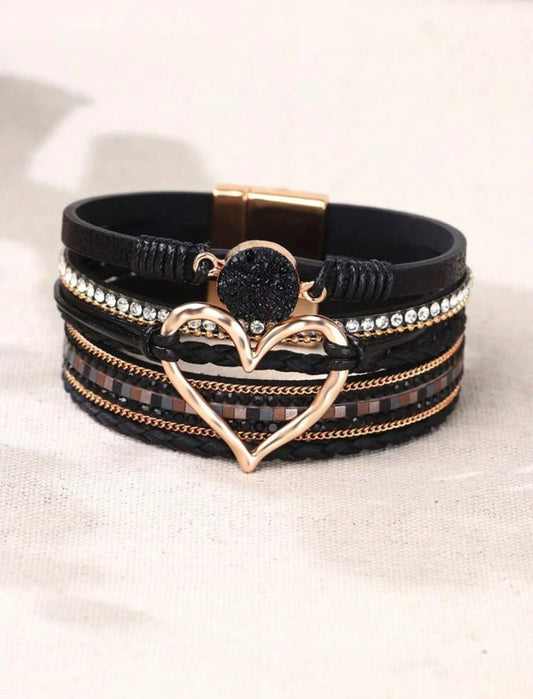 Black Heart and Rhinestone Layered Bracelet