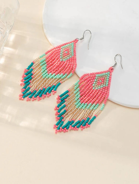 Beautiful Pink and Blue Beaded Tassel Earrings