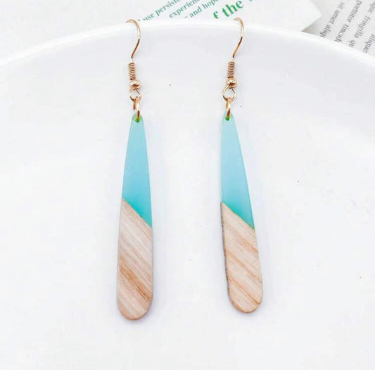 Gorgeous Wood and Light Blue Resin Bar Earrings