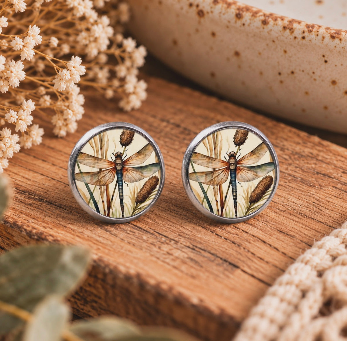 Vintage Dragonfly & Wild Grass Stud Earrings