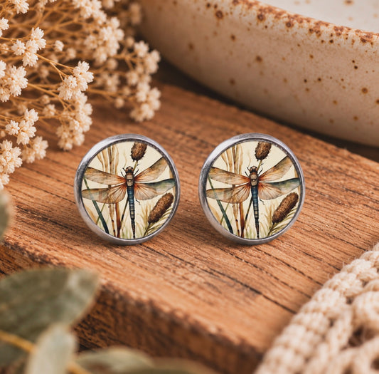 Vintage Dragonfly & Wild Grass Stud Earrings