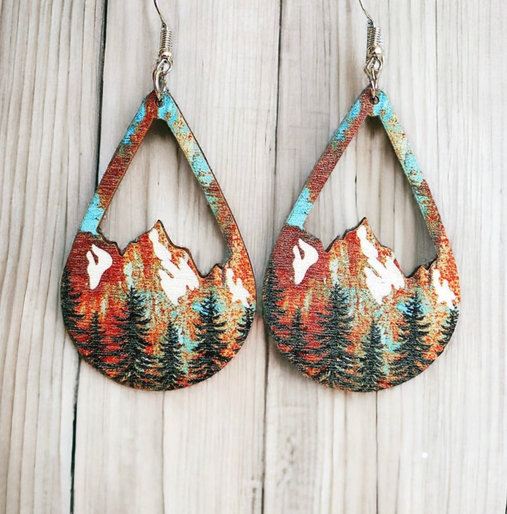 Snowy Mountain Forest Wooden Earrings