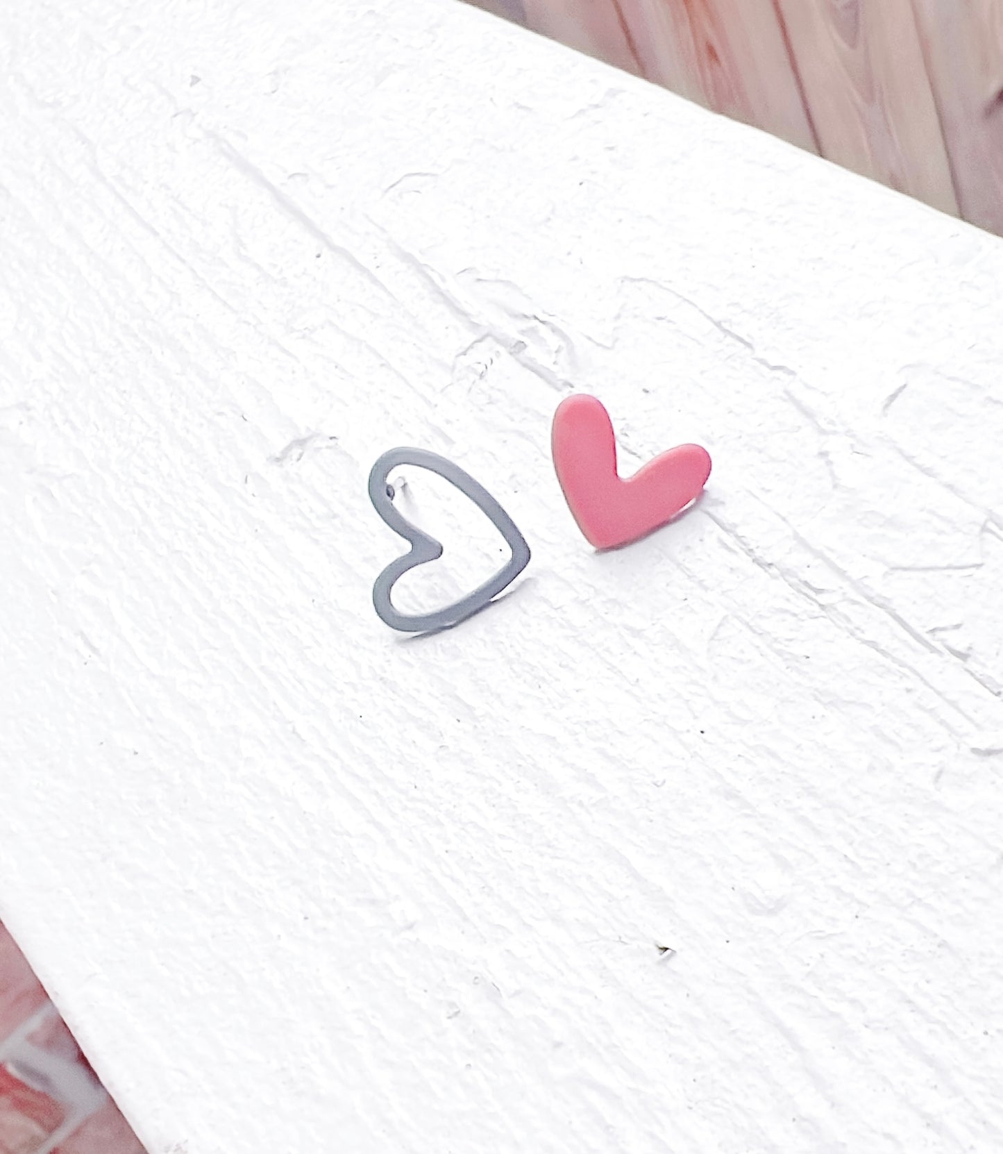 Beautiful Pink and Gray Asymmetrical Heart Earrings