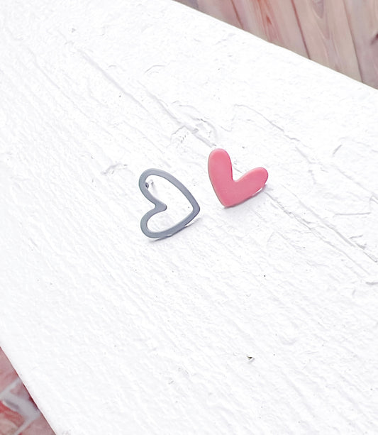 Beautiful Pink and Gray Asymmetrical Heart Earrings