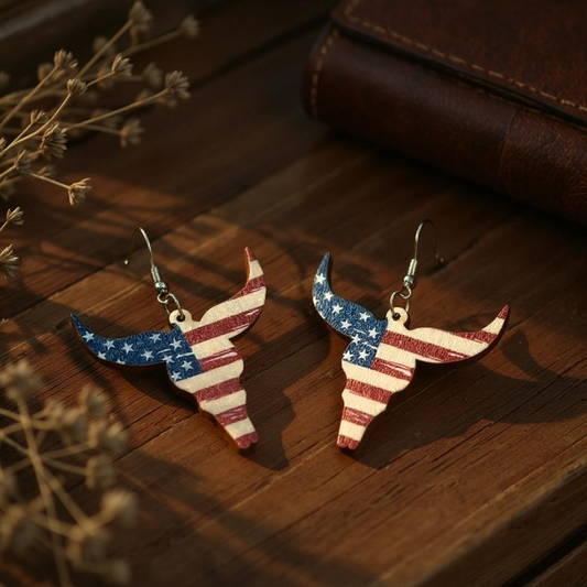 American Flag Wooden Steer Earrings