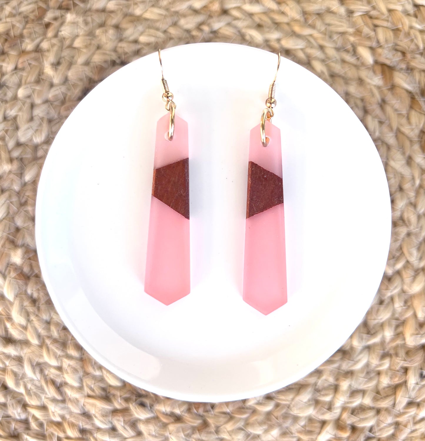 Wood and Pink Resin Earrings