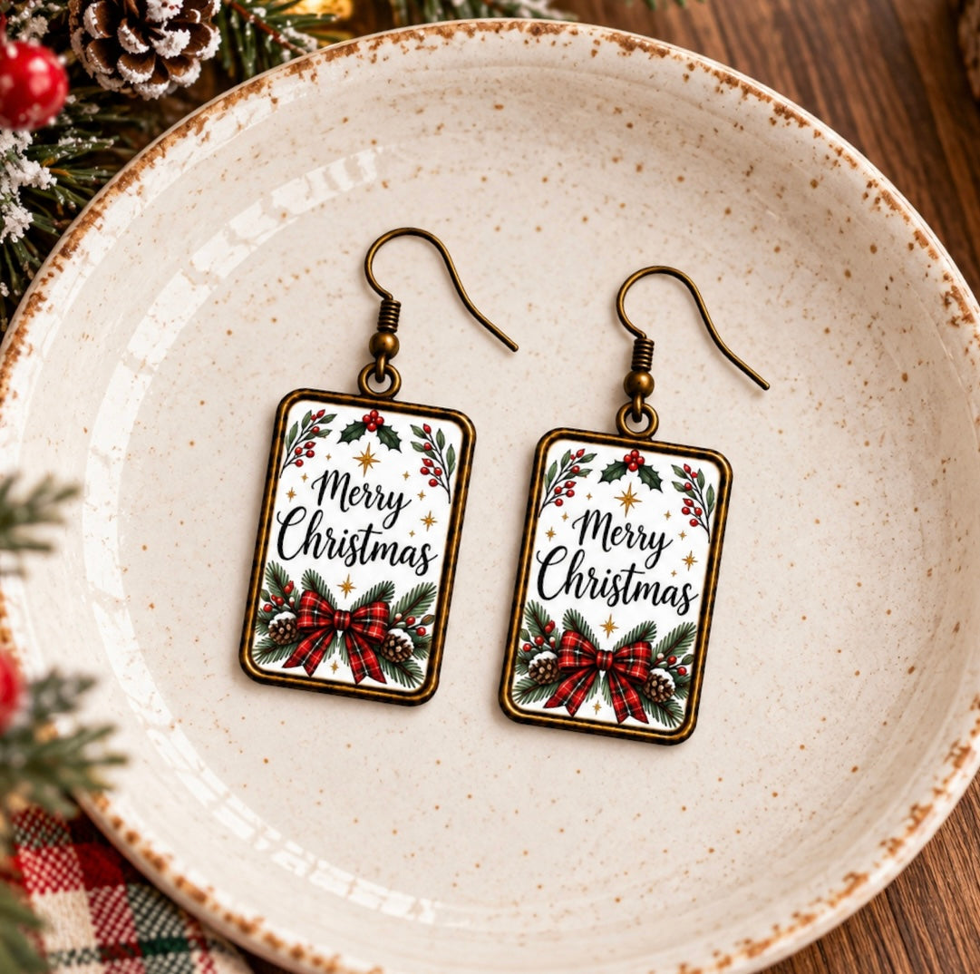 Merry Christmas Plaid Bow Earrings