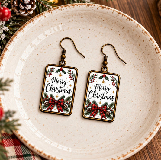 Merry Christmas Plaid Bow Earrings