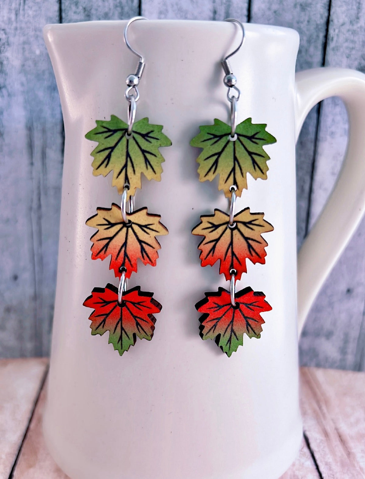 Beautiful Red, Yellow, and Green Wooden Maple Leaf Earrings