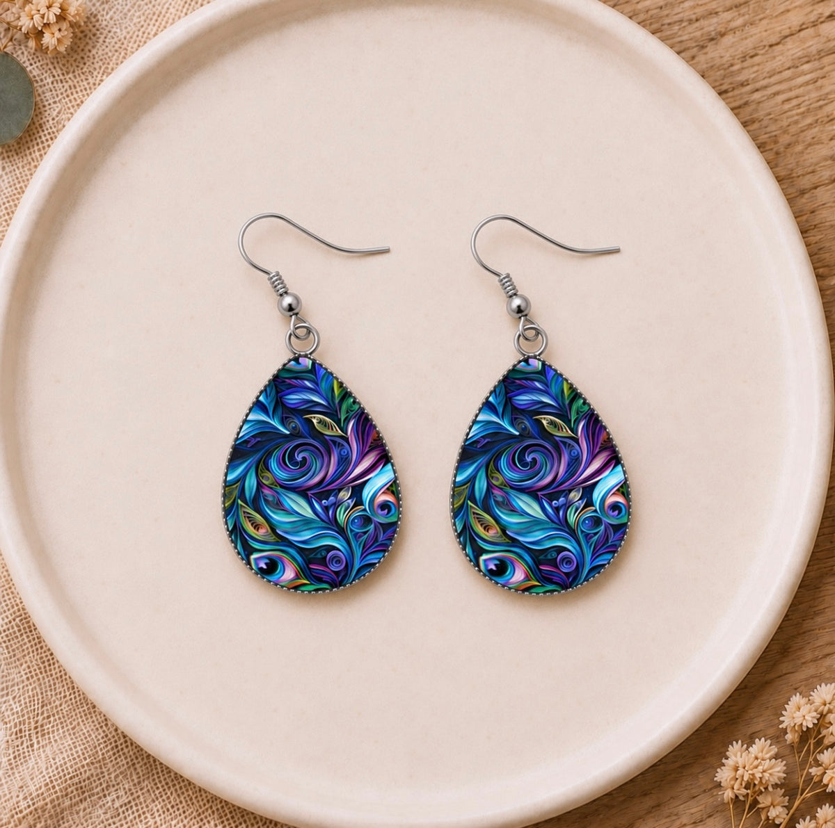 Midnight Feather Teardrop Earrings
