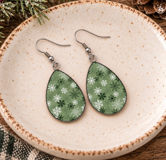 Sage Snowflake Teardrop Earrings